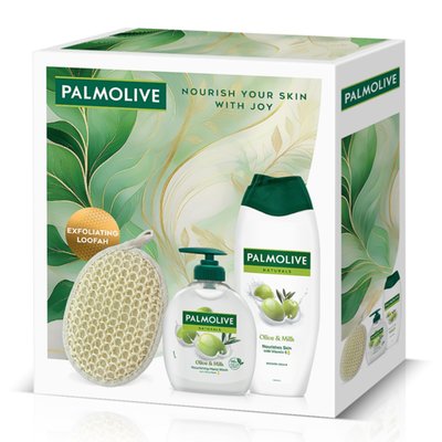 Obrázek Palmolive Naturals Olive Set se sprchovým gelem, tekutým mýdlem a peelingovou lufou