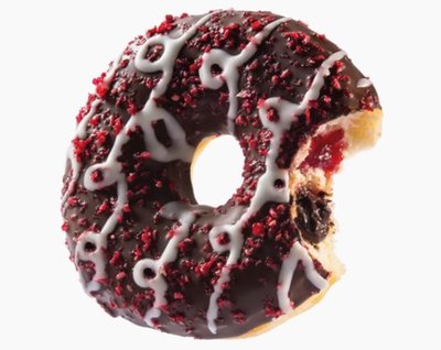 Obrázek Donut s malinovo-kakaovou náplní, kakaovou polevou a malinovým posypem - výrobek ze zmraženého polotovaru