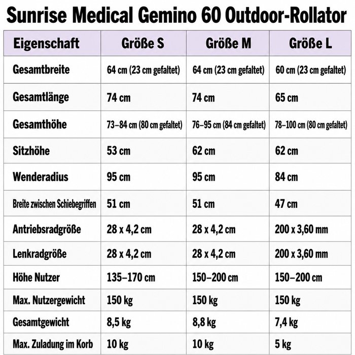 Product Image of Sunrise Medical Outdoor-Rollator Gemino 60, All-Terrain-Rollator für draußen, XXL-Räder, wetterfeste Tasche, Silbergrau