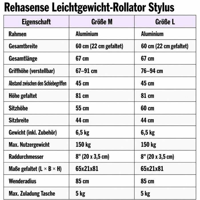 Product Image of Rehasense Rollator Stylus, leichter Aluminium-Gehwagen faltbar, Smart-Turn-Stockhalter, höhenverstellbar