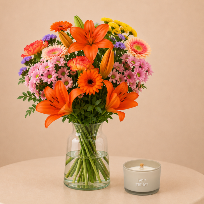 Boeket Seizoensstralen & kaars Happy Birthday