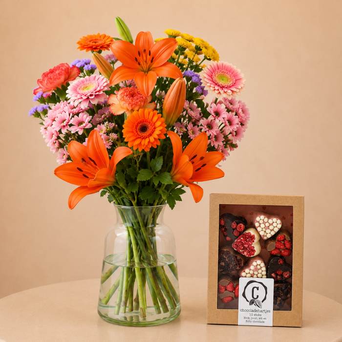 Boeket Seizoensstralen & Urban Cacao chocolade hartjes
