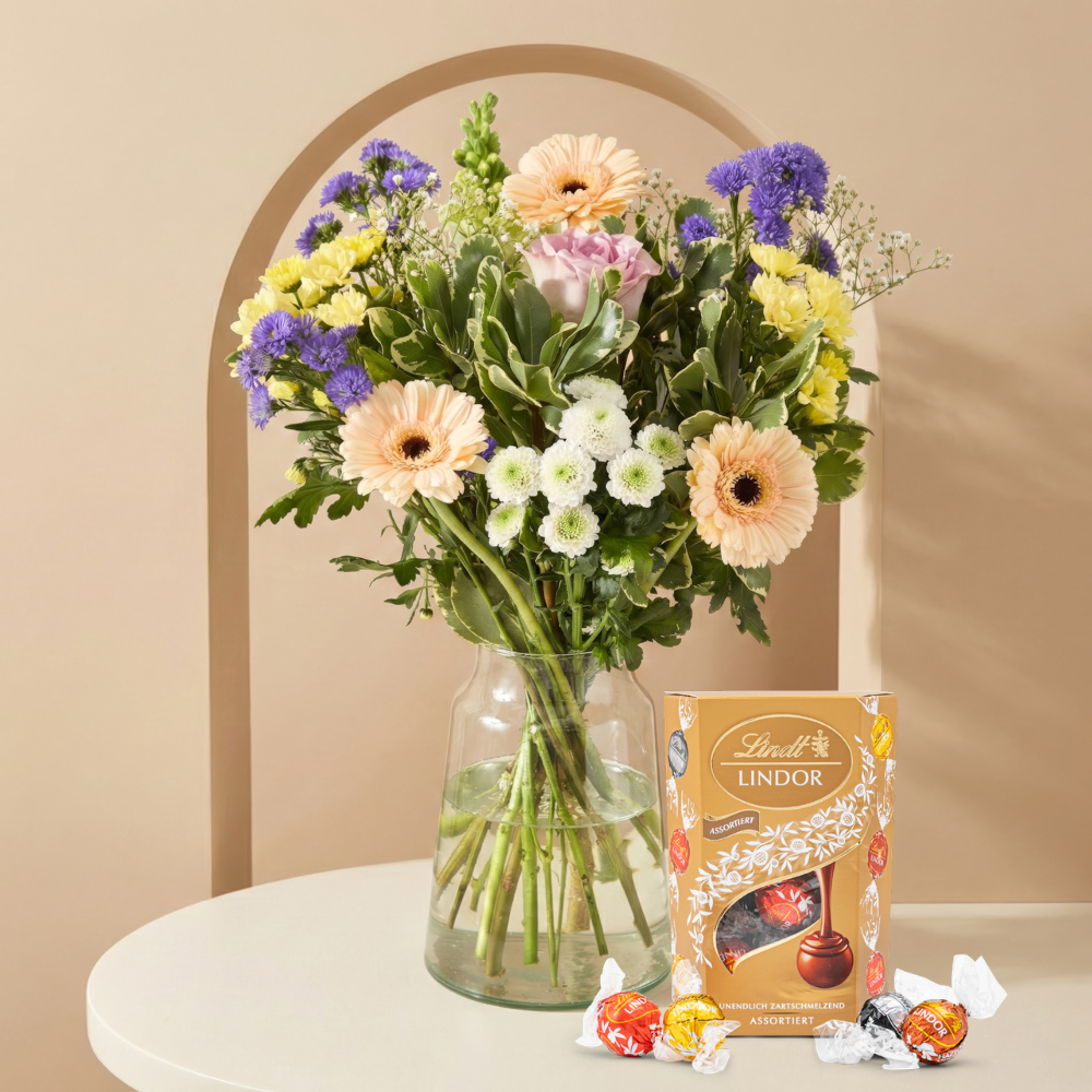 Boeket Pastel Lindt - LINDOR Cornet Bloemen Greetz
