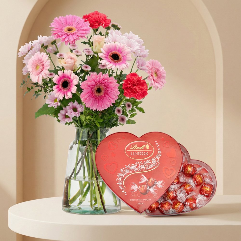 Boeket Zachtroze Lindt LINDOR Hart Bloemen Greetz