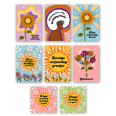Flower Power | Verjaardag kaartenset | 8 wenskaarten inclusief envelop