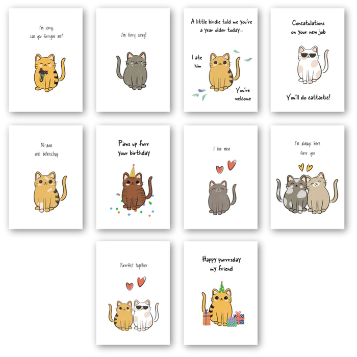 Katten | Kaartenset | 10 wenskaarten inclusief envelop