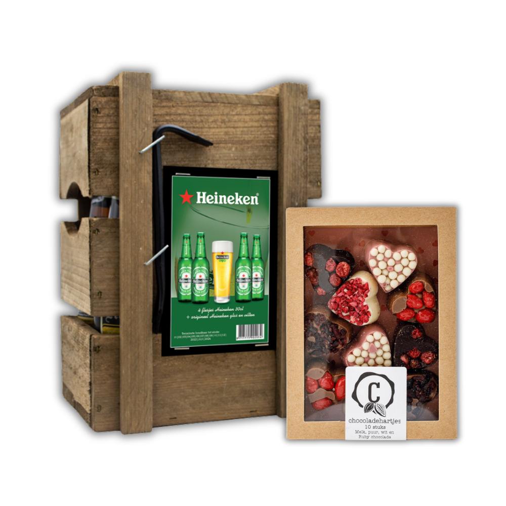 Urban Cacao Heineken bierpakket 4x30cl chocolade hartjes 155g Alcohol Gift