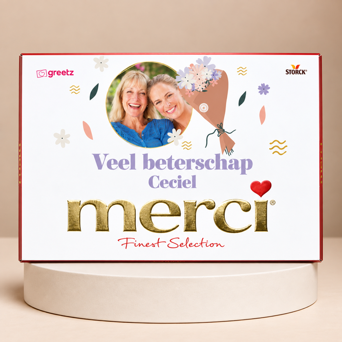 Merci | Veel Beterschap met eigen foto en naam | 675g