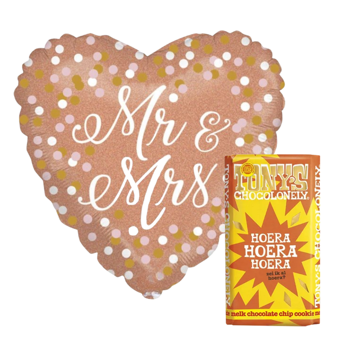 Ballon Mr & Mrs in rosé goud | Tony's Chocolonely Hoera, Hoera, Hoera! 185g