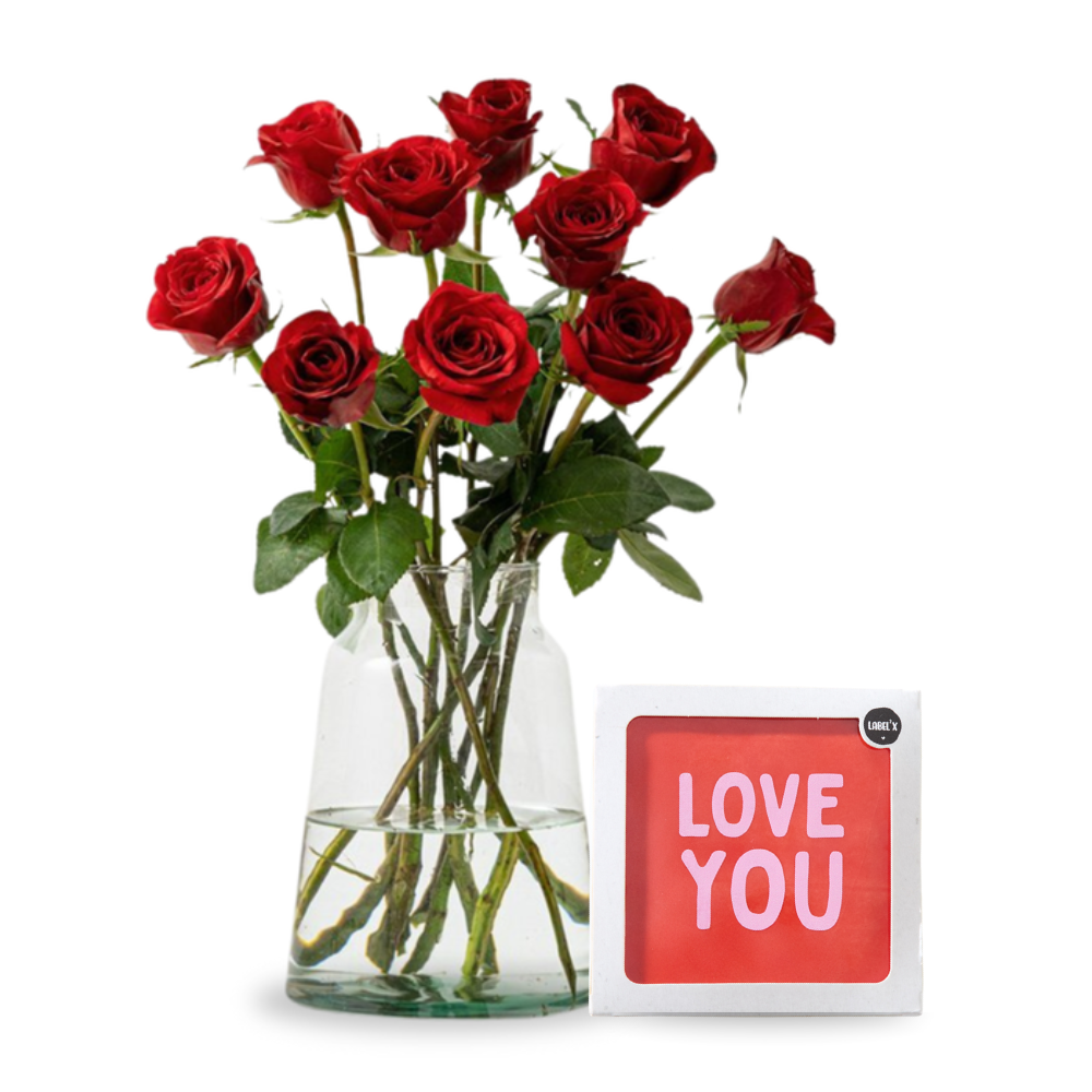 Boeket Rode Rozen Tegeltje - Love You Bloemen Greetz