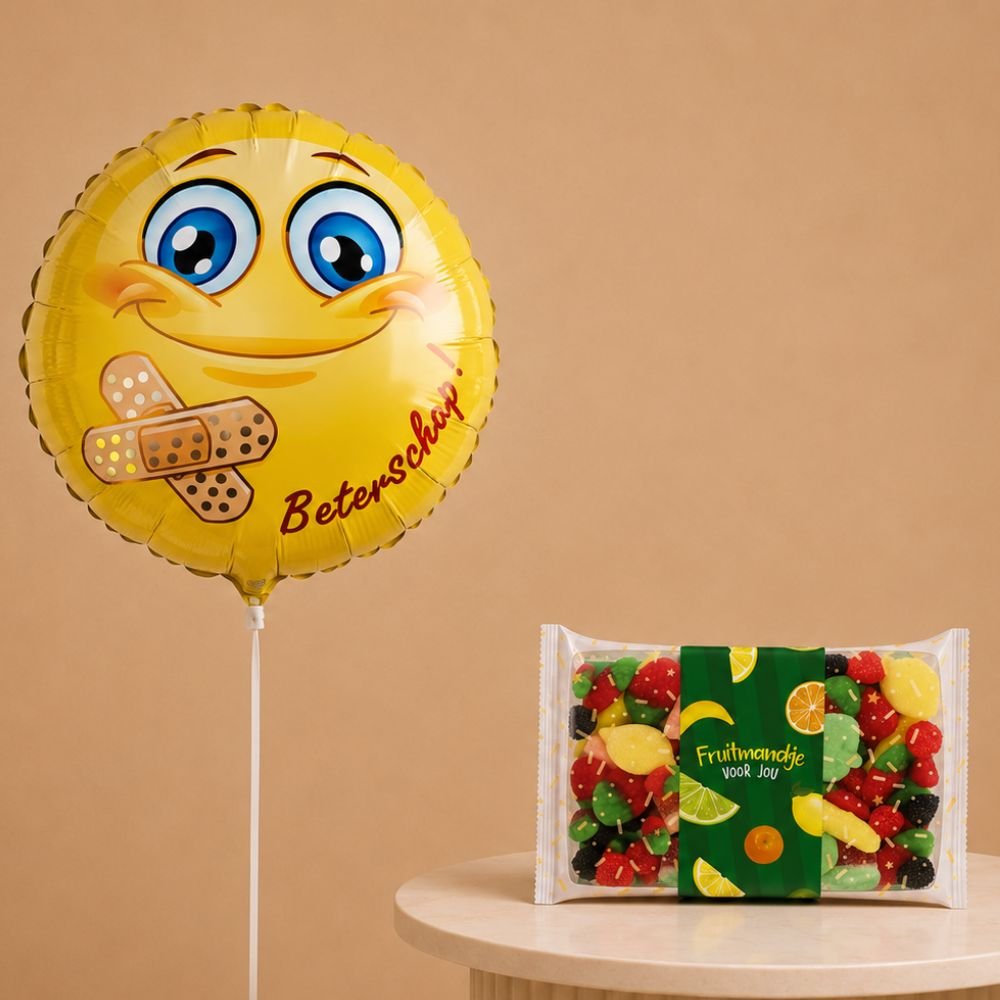 Ballon Smiley beterschap Fruitmandje voor jou 280gr Veel Liefs