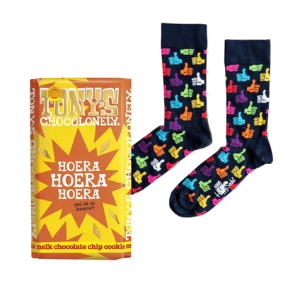 Happy Socks Duimen maat 41 - 46 | Tony's Chocolonely Hoera, Hoera, Hoera! 185g