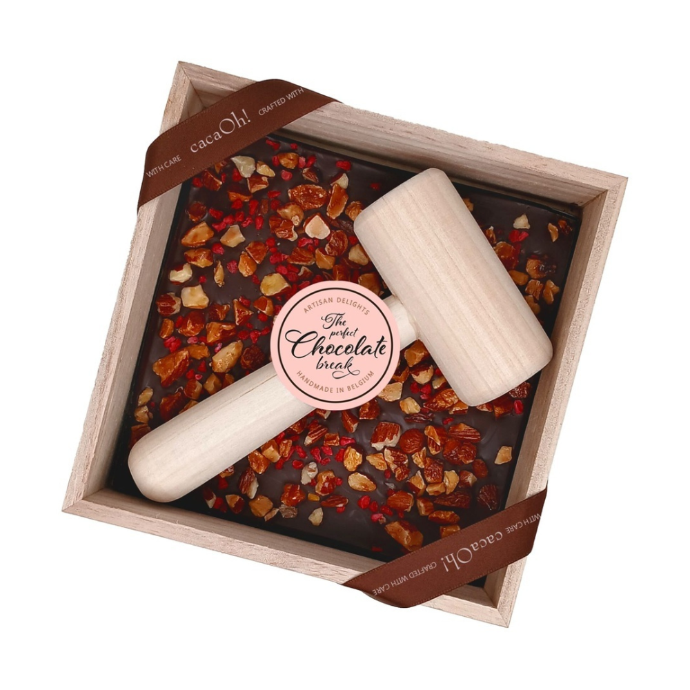 CacaOh! Hamerbox Amandel Framboos 160g Chocoladecadeaus Greetz