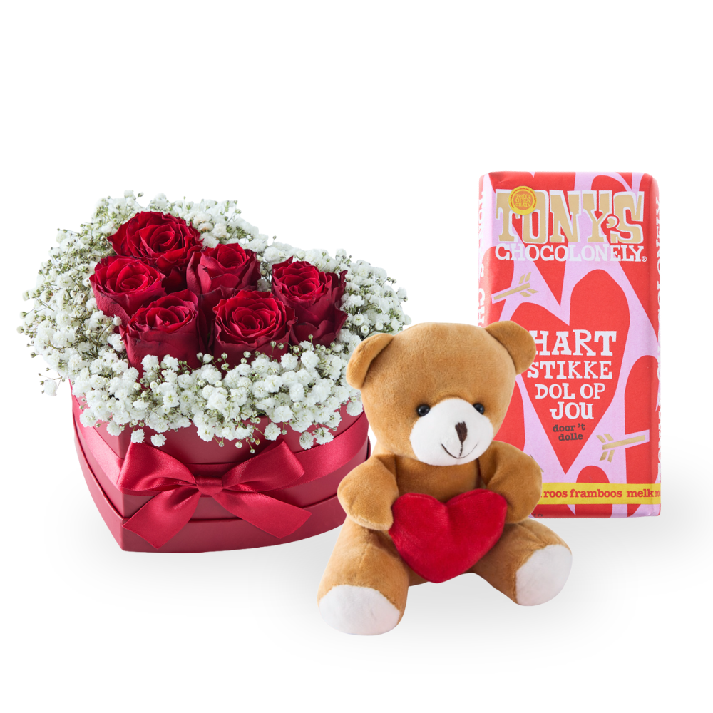 Giftset Liefdesdoosje met beertje en chocolade Bloemen Tony