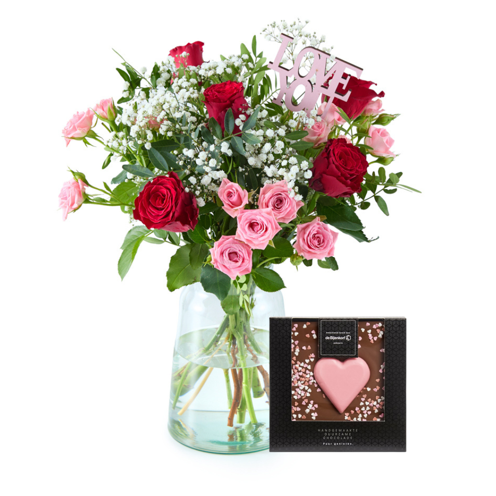 Boeket Cupido - Chocolade Hart Bloemen Patisserie de Bijenkorf