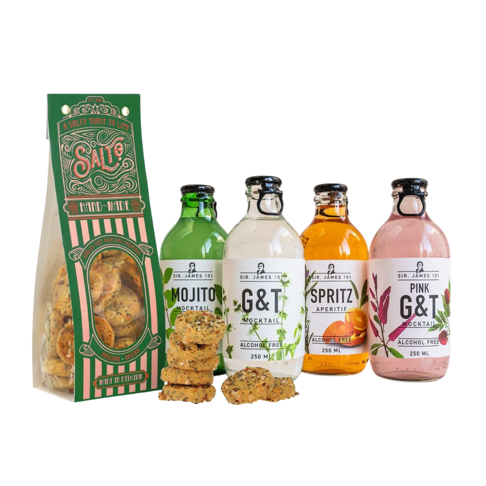 Salto - Crackers kaas en oregano - 90g Sir. James - 0.0% mocktails - 4 x 250ml Cake Greetz
