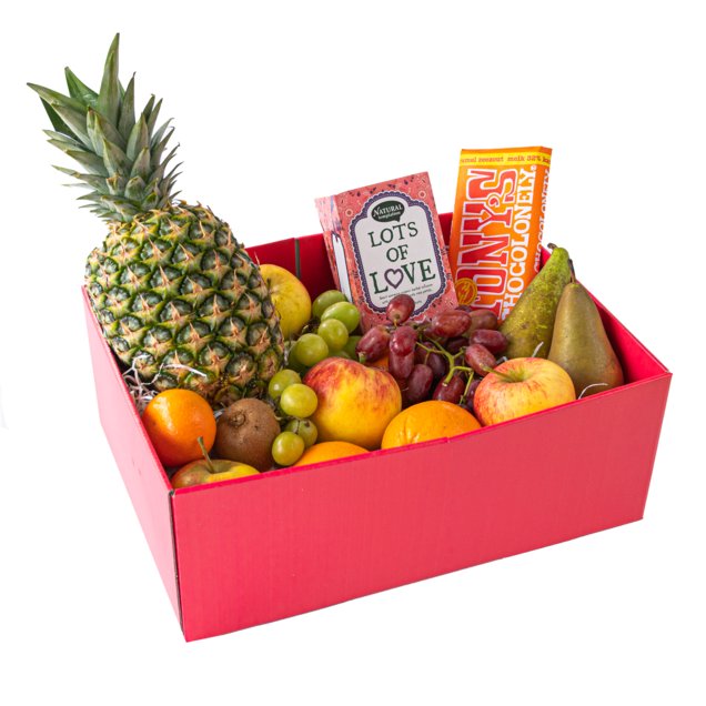 Fruitmand | Lot's of love | Vers fruit, thee en Tony's Chocolonely | +/- 3,7 kg