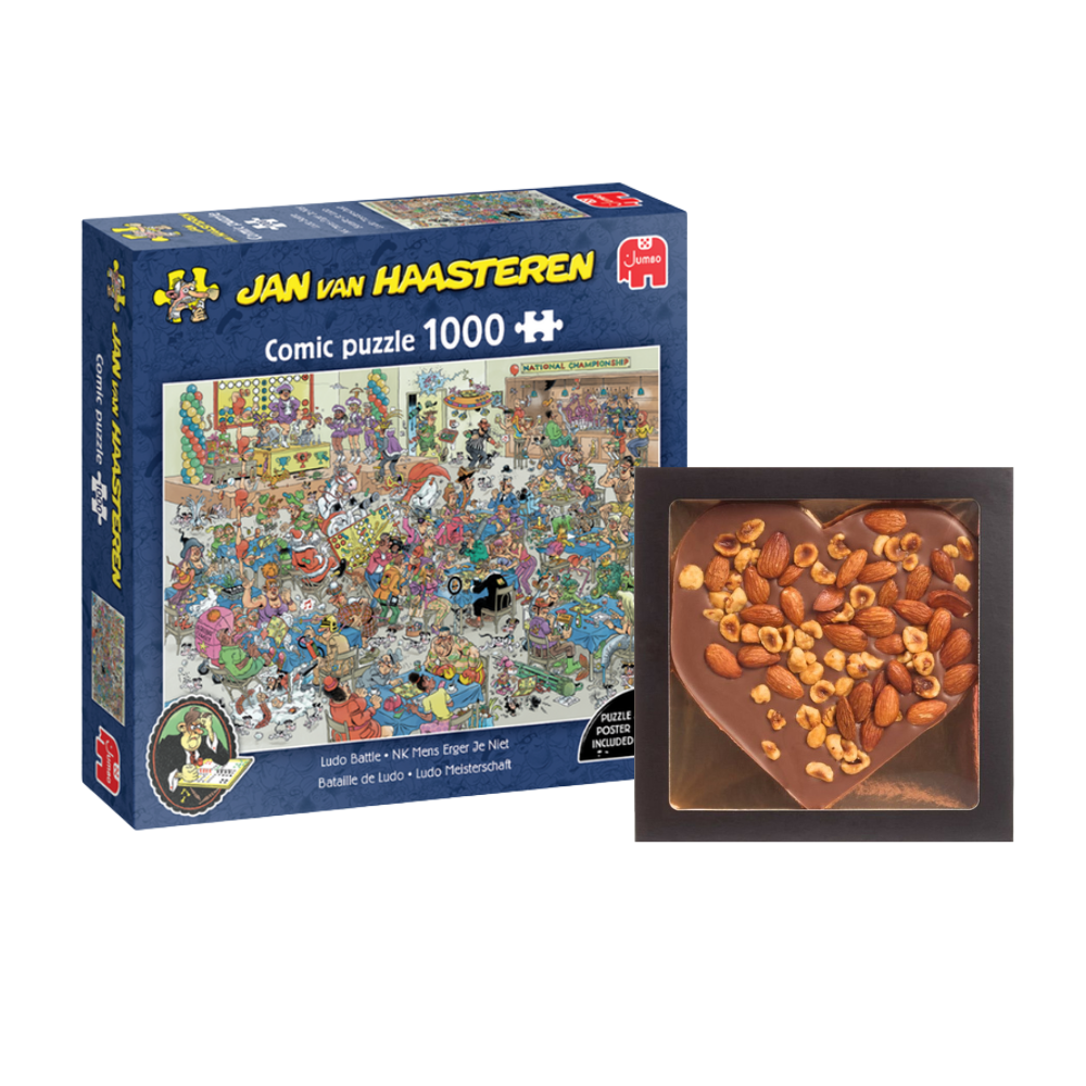 Hart voor Puzzelen Jan van Haasteren puzzel - NK mens erger je niet Chocolade hart 225g Speelgoed Spellen Jumbo