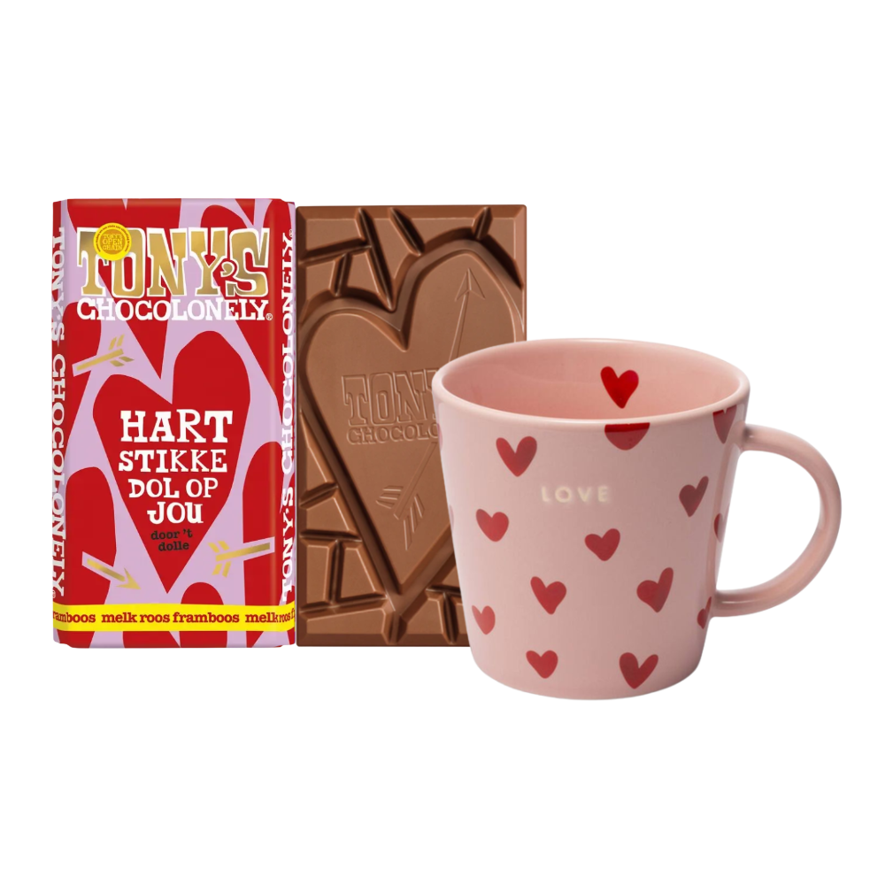 Valentijnsset Hartjes mok met chocolade Wooncadeaus Tony