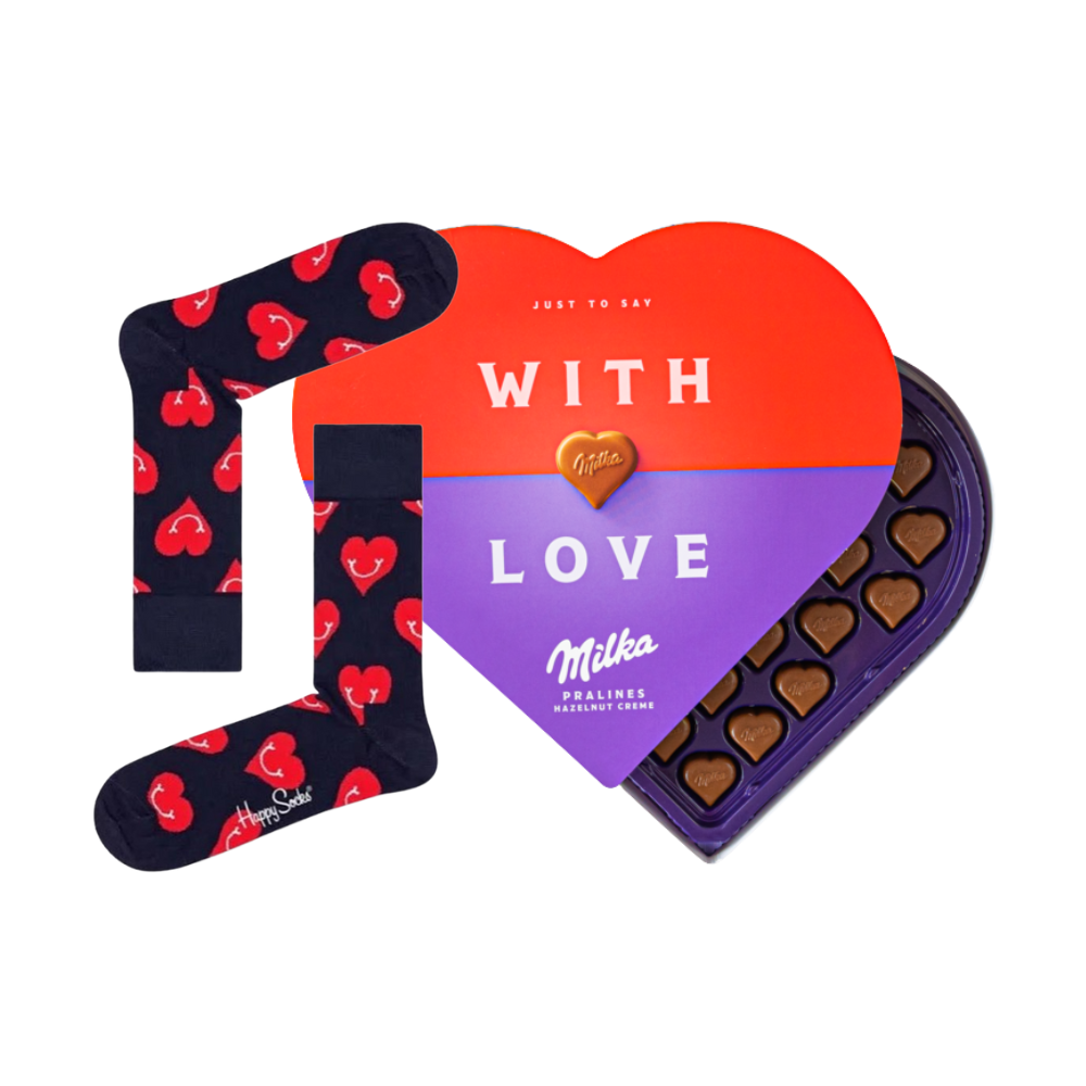 Happy Socks - Smiley Heart - Maat 41-46 Pralines - With Love - 165g Wooncadeaus Milka