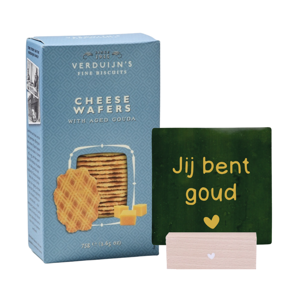 Tegeltje - Jij bent goud Tegelhouder wit hartje Kaaswafels 75g Wooncadeaus Label2X