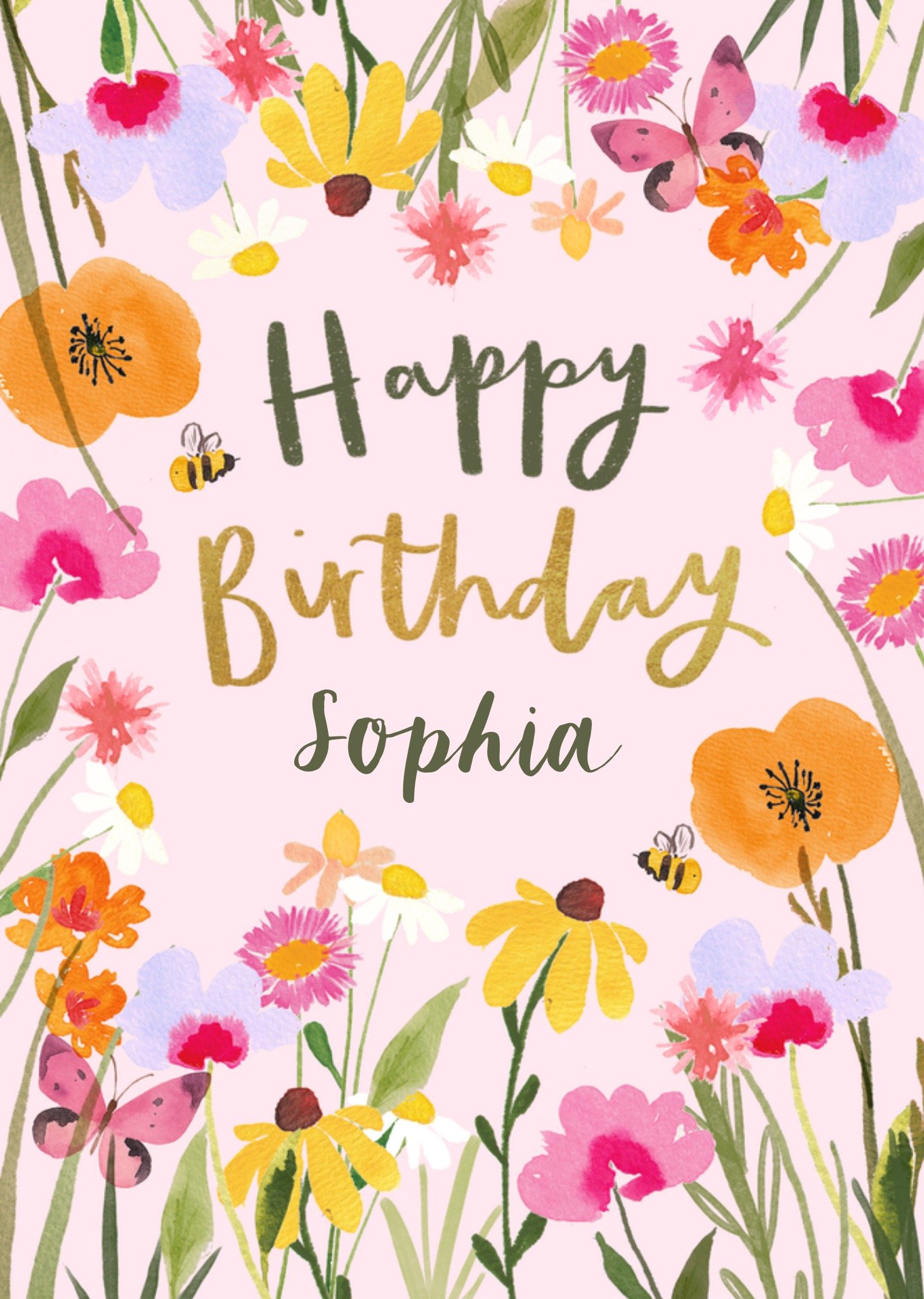 Verjaardagskaart Happy Birthday Bees Butterflies and Wildflowers Aanpasbare tekst Kaart Greetz