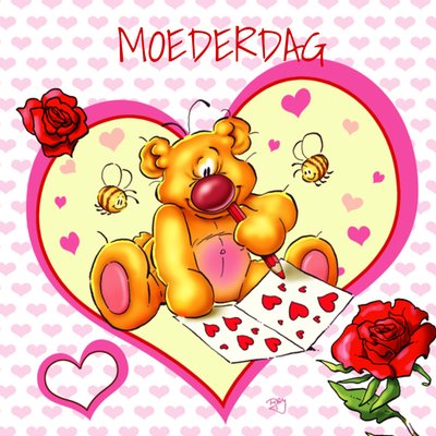 Geïllustreerde Teddybeer Met Hartjes Moederdag Kaart