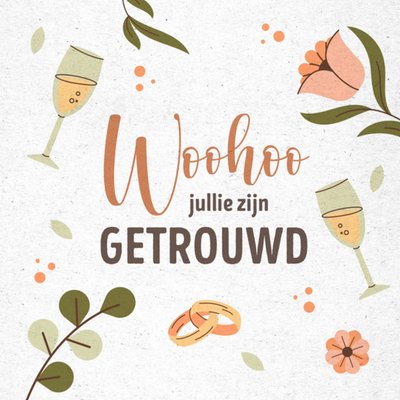 Woohoo Jullie Zijn Getrouwd Illustratie Met Champagne En Ringen Huwelijkskaart