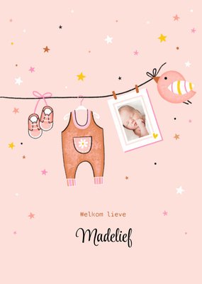 Geïllustreerde Waslijn Met Babykleding Foto Upload Geboorte Kaart