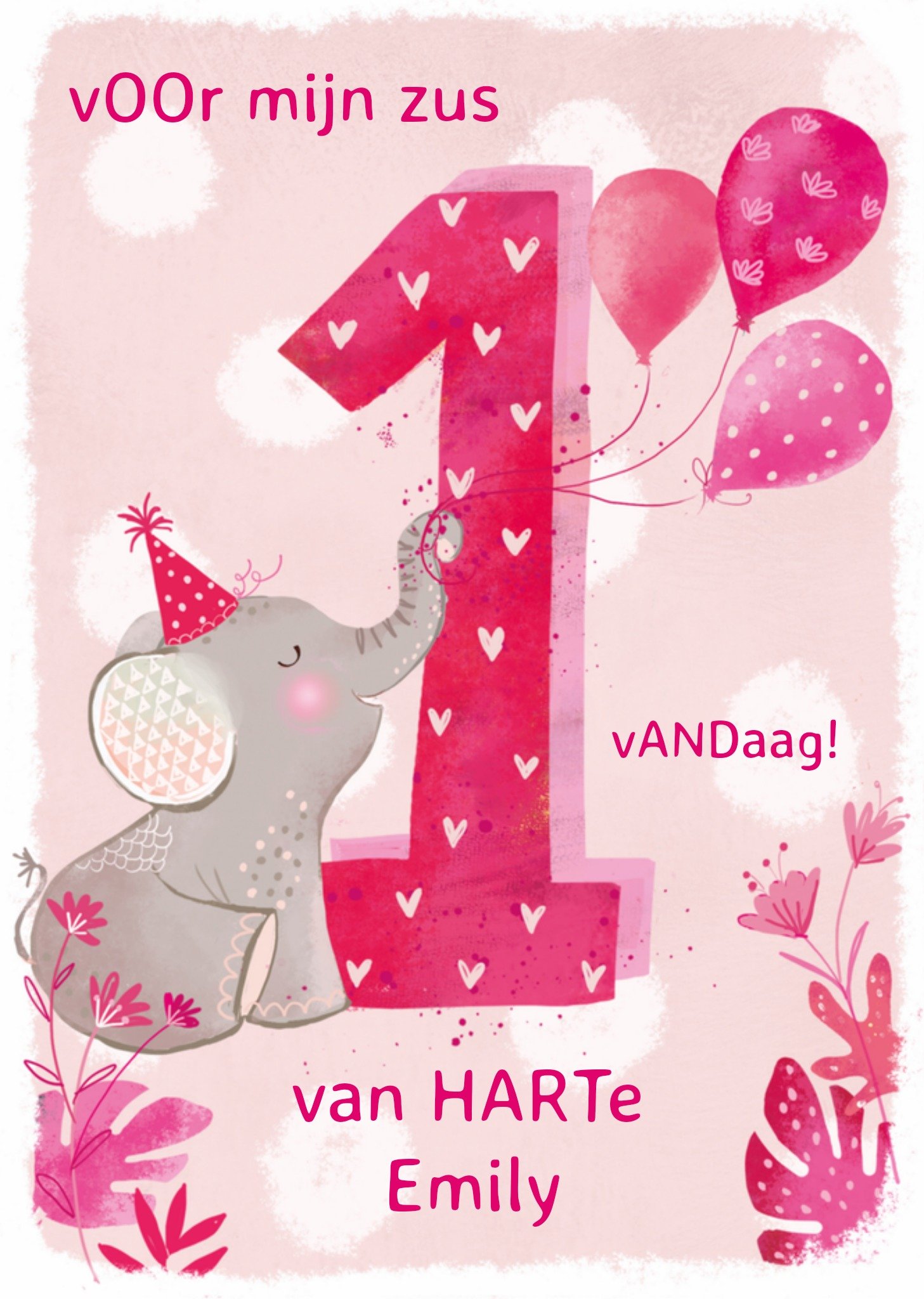 Verjaardagskaart olifant 1 jaar Kaart Ling Design