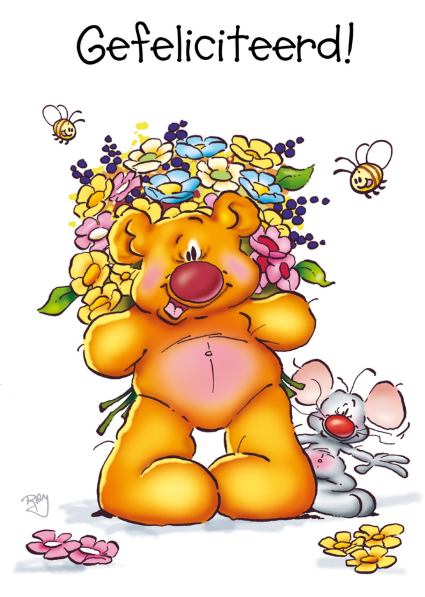 Verjaardagskaart beer bloemen Kaart Doodles