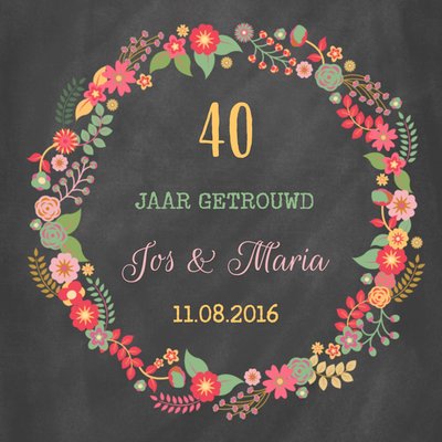 Geïllustreerde Bloemenkrans 40e Huwelijksjubileum Kaart