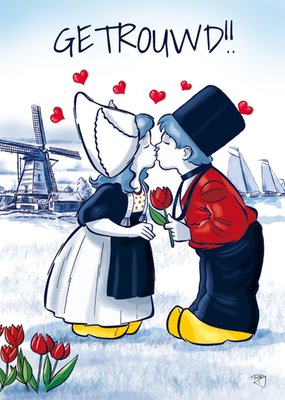Geïllustreerd Nederlands Bruidspaar Getrouwd Kaart