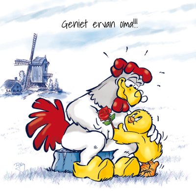 Geniet Ervan Oma Geïllustreerde Kip En Kuiken Kaart