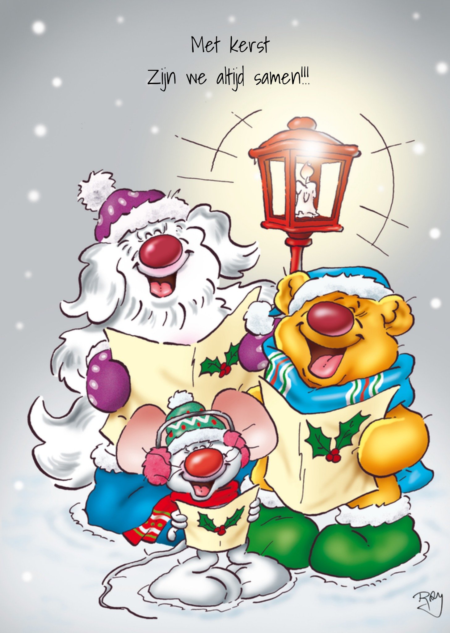 Kerstkaart dieren lantaarn Doodles