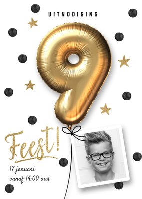 Gouden Ballon Foto Upload Uitnodiging 9e Verjaardag Kaart