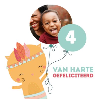 Geïllustreerde Kat Foto Upload 4e Verjaardag Kaart