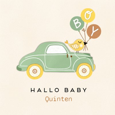Hallo Baby Geïllustreerde Auto Met Vogel Geboorte Kaart