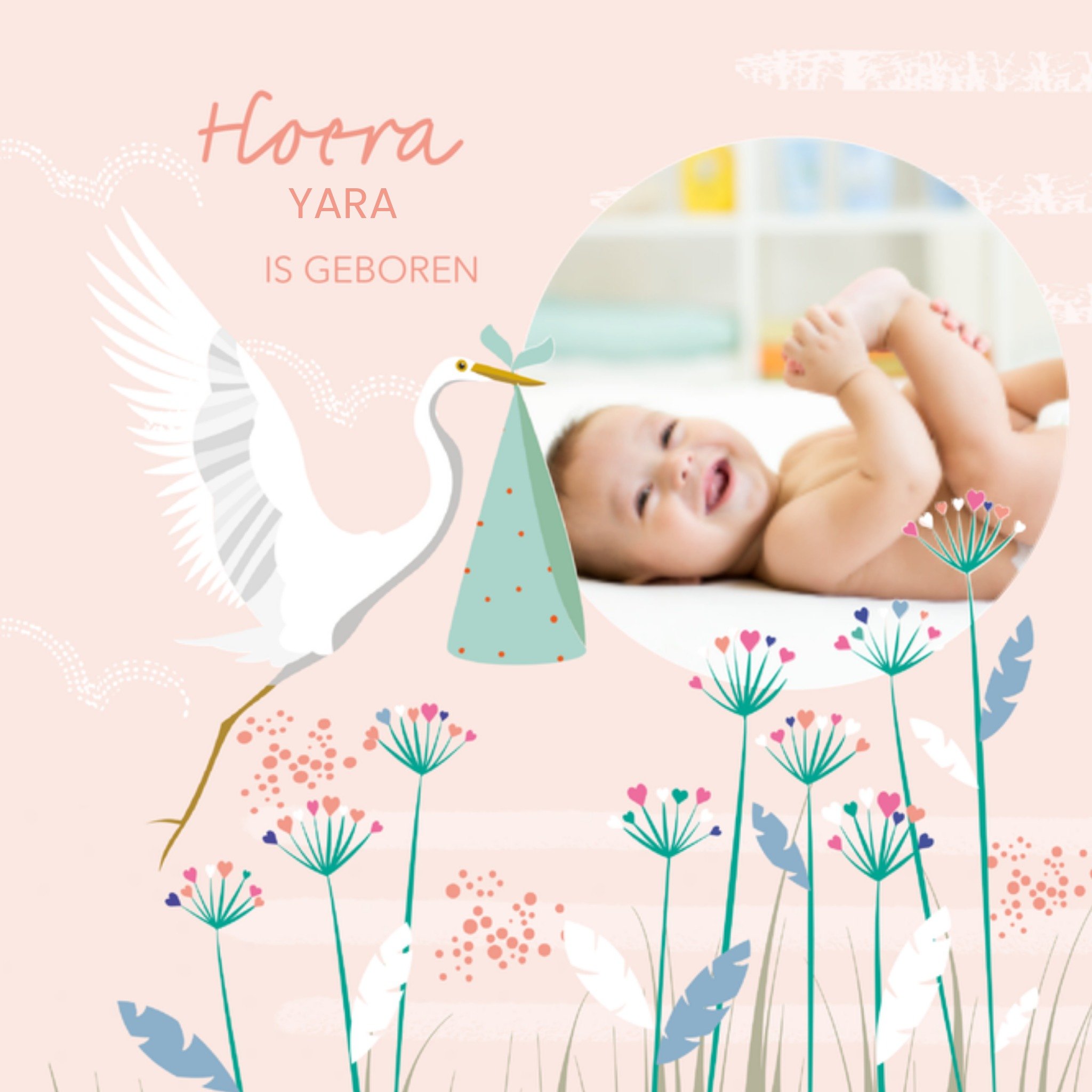 Geboortekaart Meisje Ooievaar Vierkante Kaart TMS