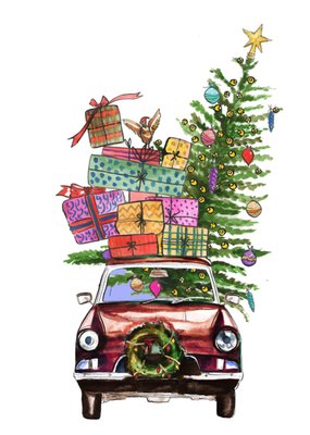 Marie Bodié | Kerstkaart | auto | illustratie