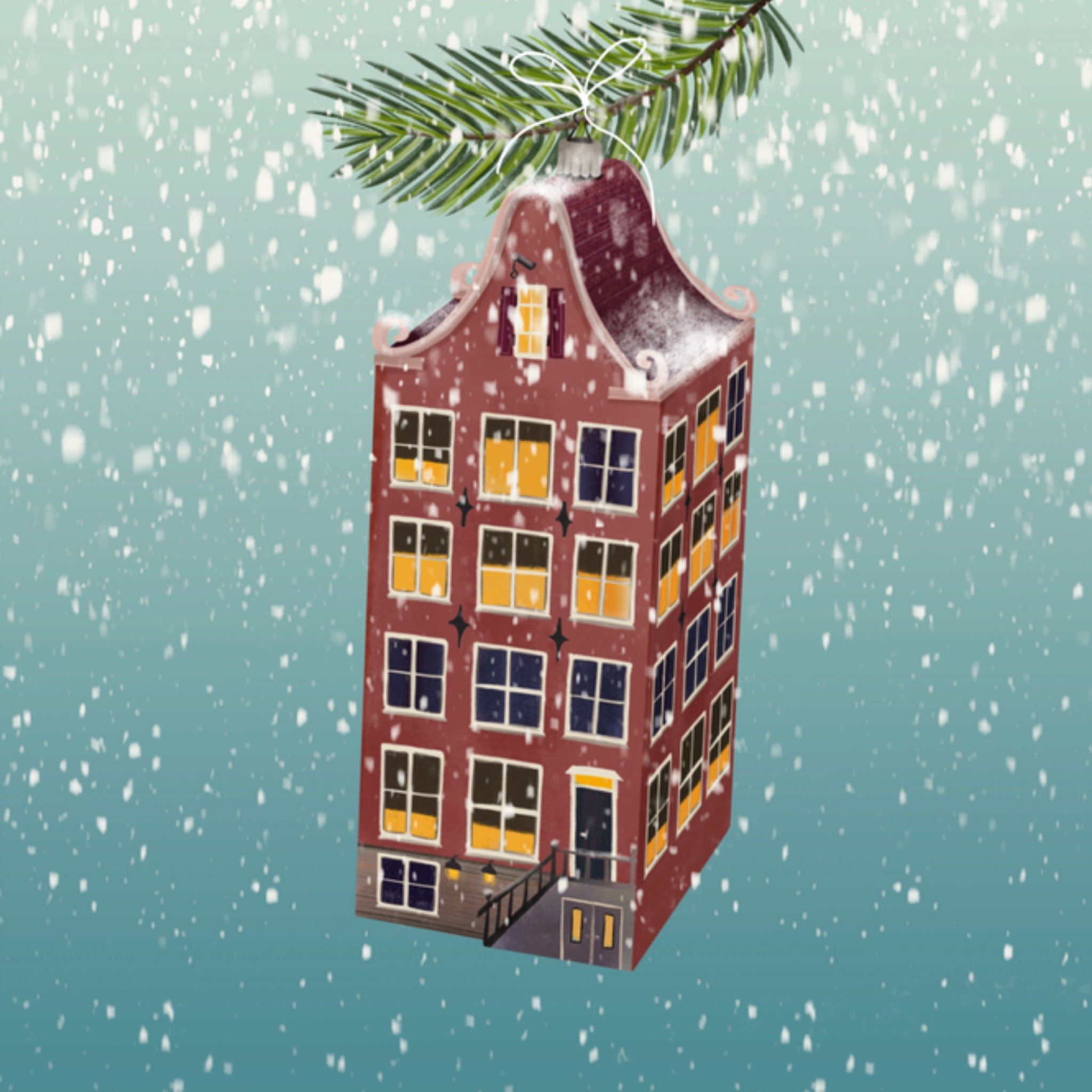 Greetz Kerstkaart kerstbal huisje Vierkant