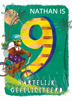 Geïllustreerde Aap Op De Fiets 9e Verjaardag Kaart