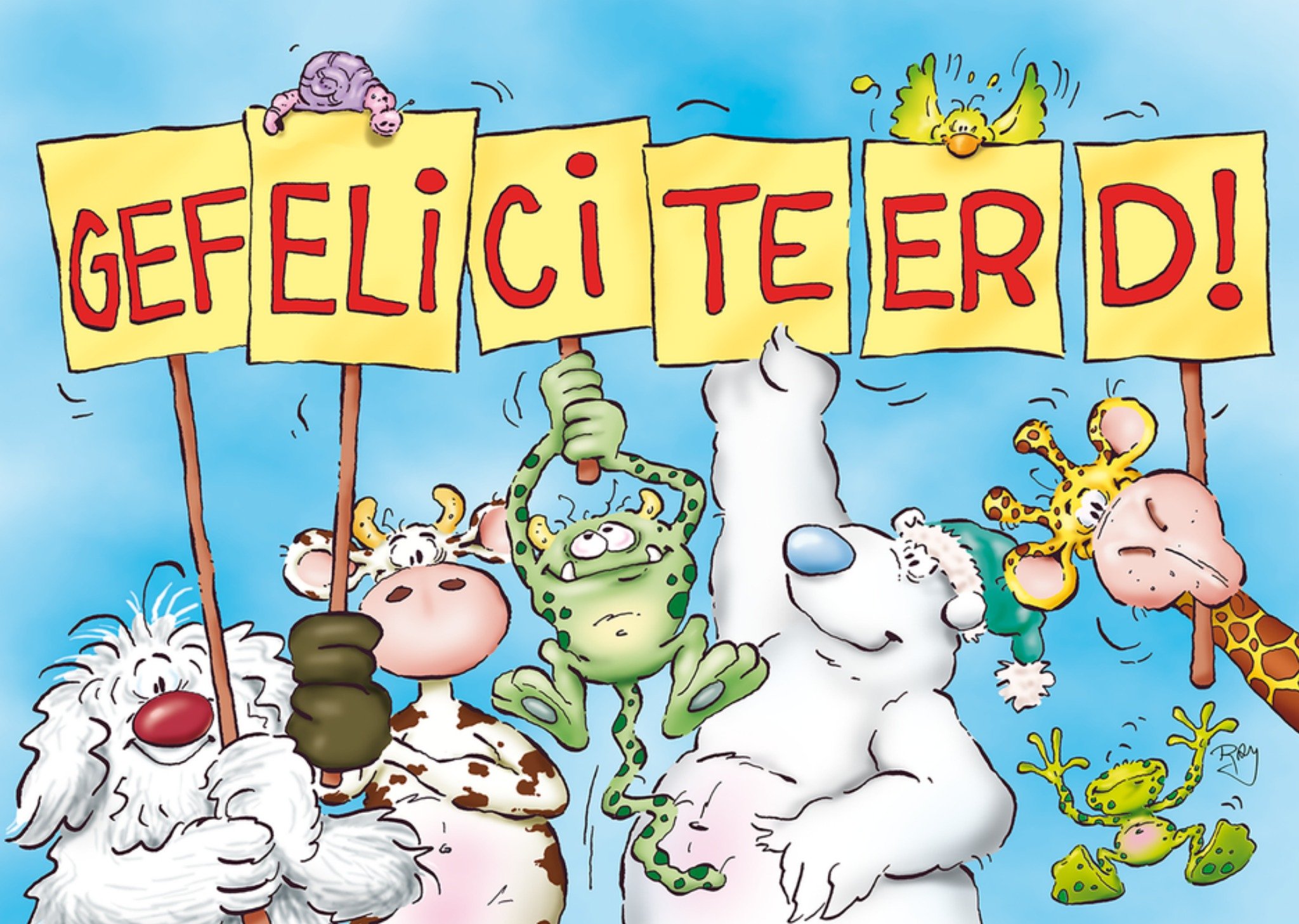 Verjaardagskaart Gefeliciteerd Cartoondieren die borden vasthouden Kaart Doodles