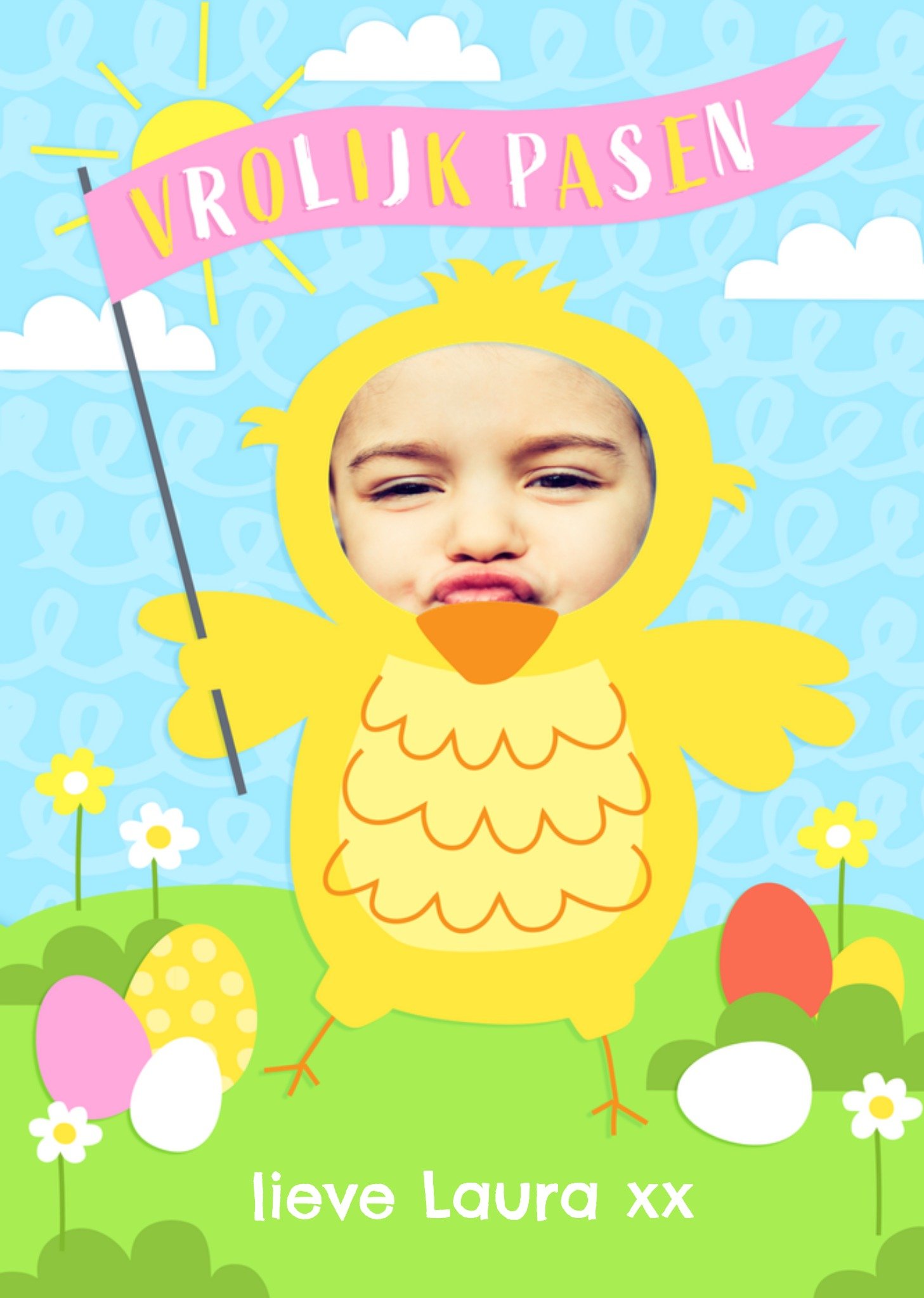 Paaskaart Vrolijk Pasen Kuiken kostuum Aanpasbare foto enn tekst Kaart Greetz