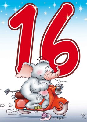 Super Toppie Geïllustreerde Olifant Op Scooter 16e Verjaardag Kaart