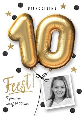 Gouden Ballonnen Foto Upload 10e Verjaardag Uitnodiging Kaart