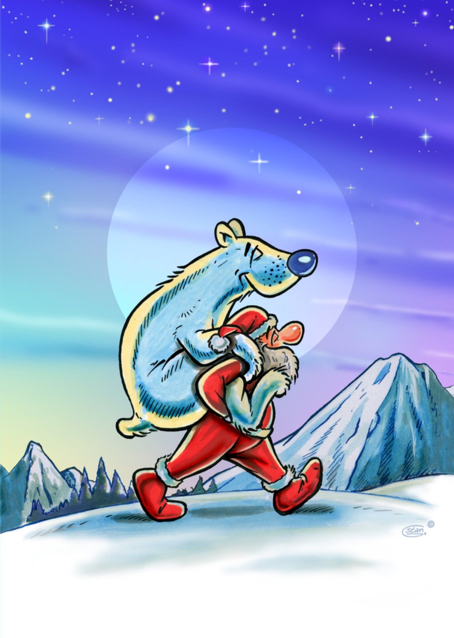 Kerstkaart Kerstman en ijsbeer Stan Groenland