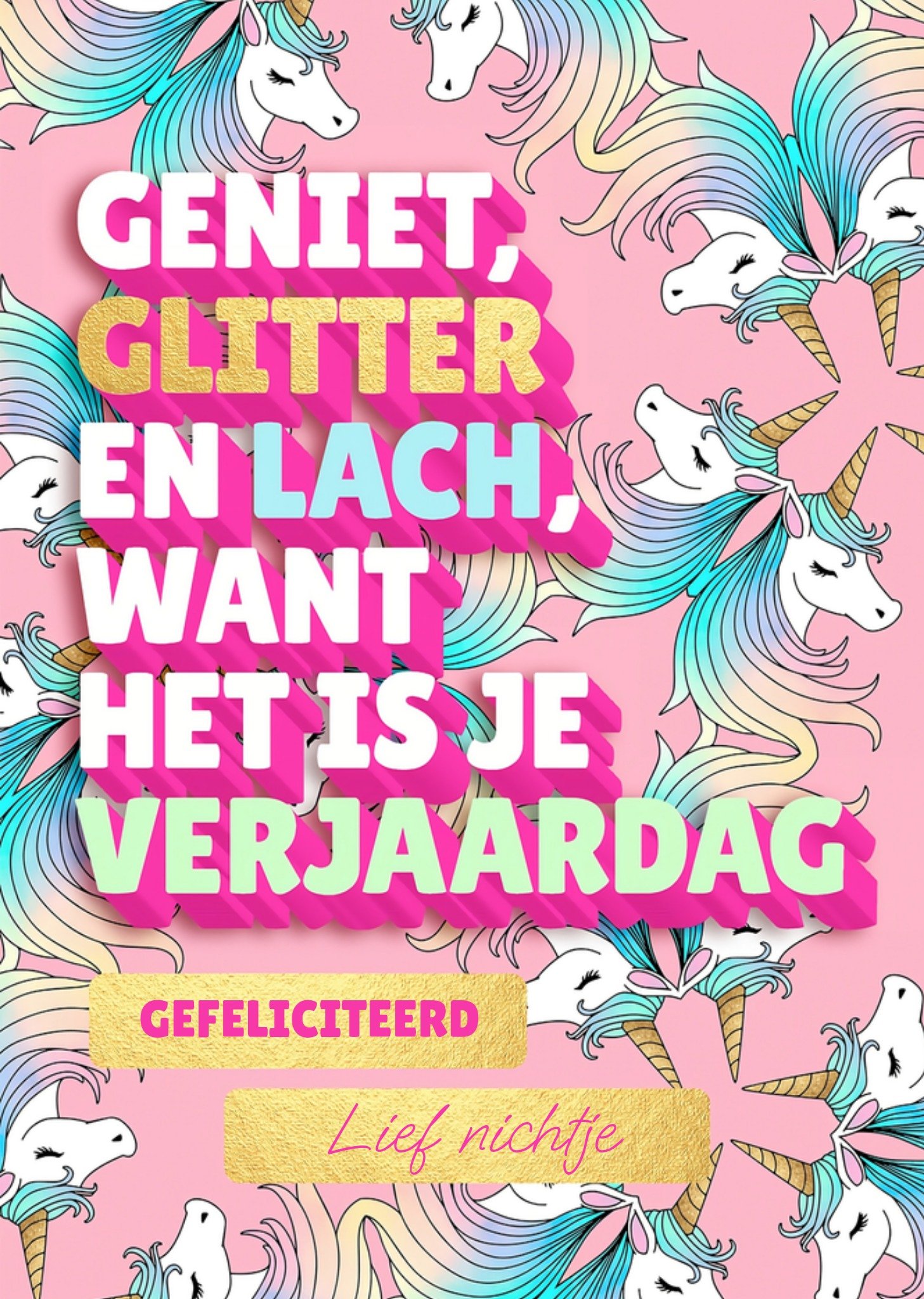 Verjaardagskaart Aanpasbare tekst Unicorn Kaart Love Repeat