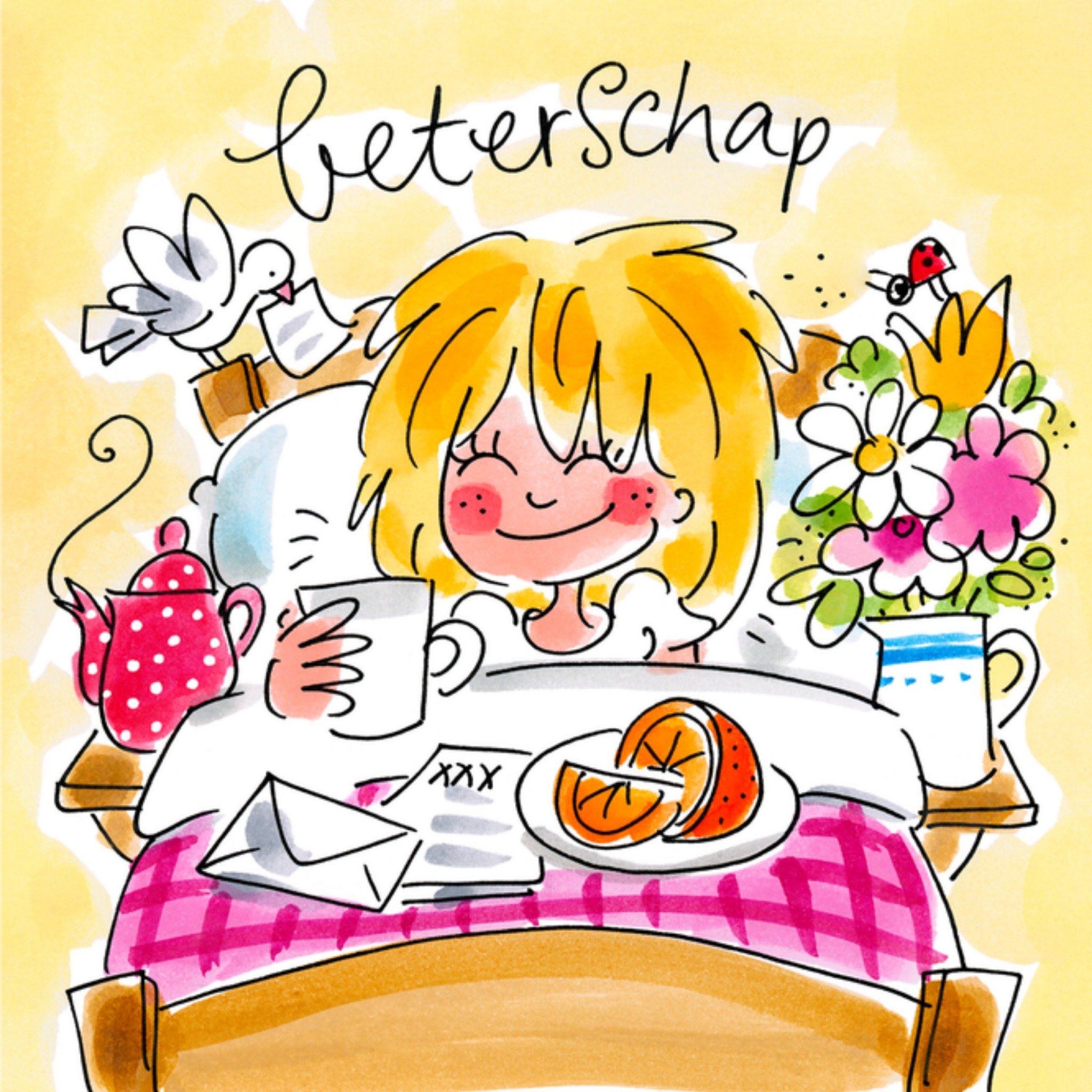 Beterschapskaart Ontbijt op bed Vierkante Kaart Blond Amsterdam