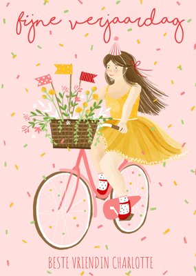 Geïllustreerd Meisje Op Fiets Beste Vriendin Verjaardag Kaart